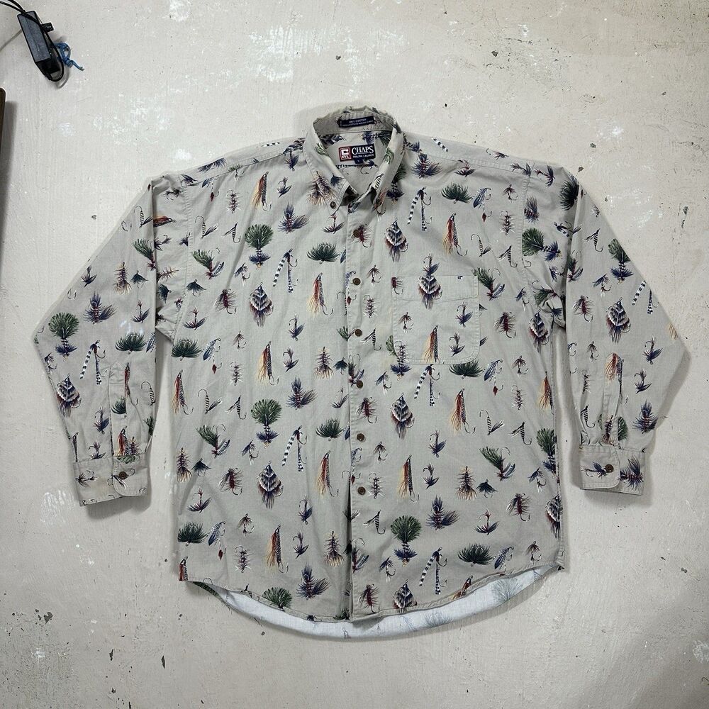 VTG Chaps Ralph Lauren Shirt Mens Large Colorful Fly Fishing Lures Long Sleeve